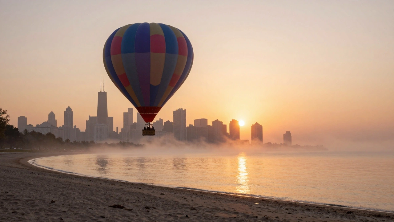 A hot air balloon floating at sunrise over Lake Michigan with Chicago’s skyline in the distance.