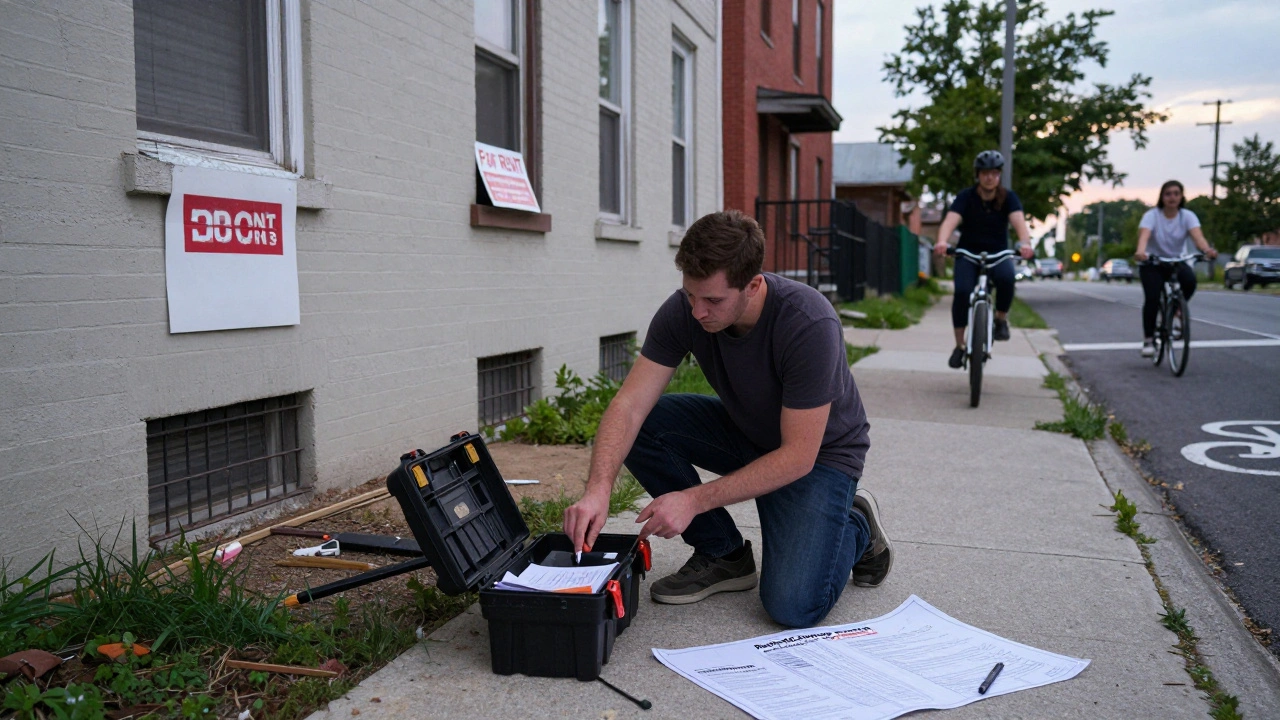 A house hacker working on a historic 4-unit building in West Garfield Park, with a new bike path and cyclists in the background.