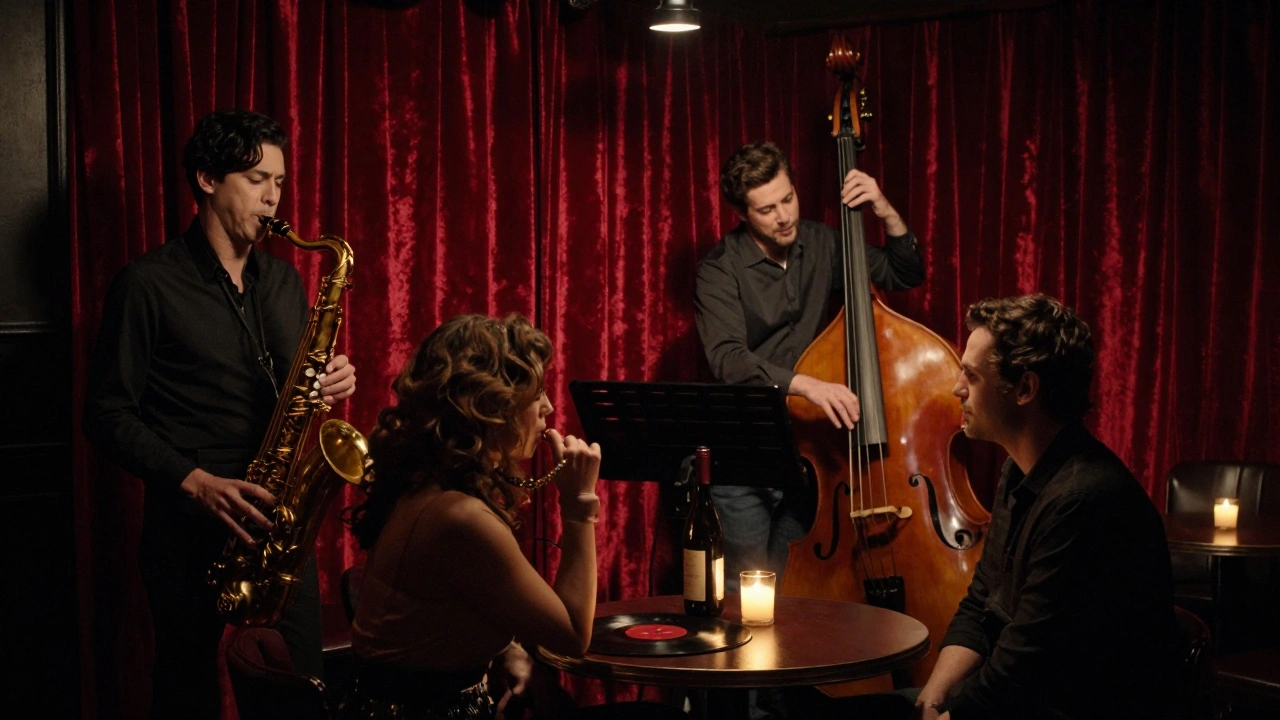 A jazz trio performing in a cozy basement club as a couple listens by candlelight.