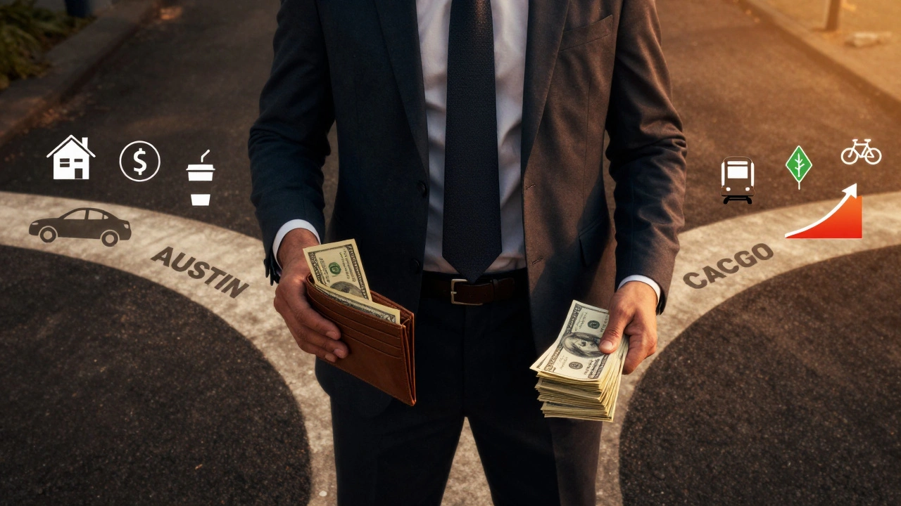 A tech worker at a crossroads, one path to Austin with high-cost icons, the other to Chicago with affordable living symbols.