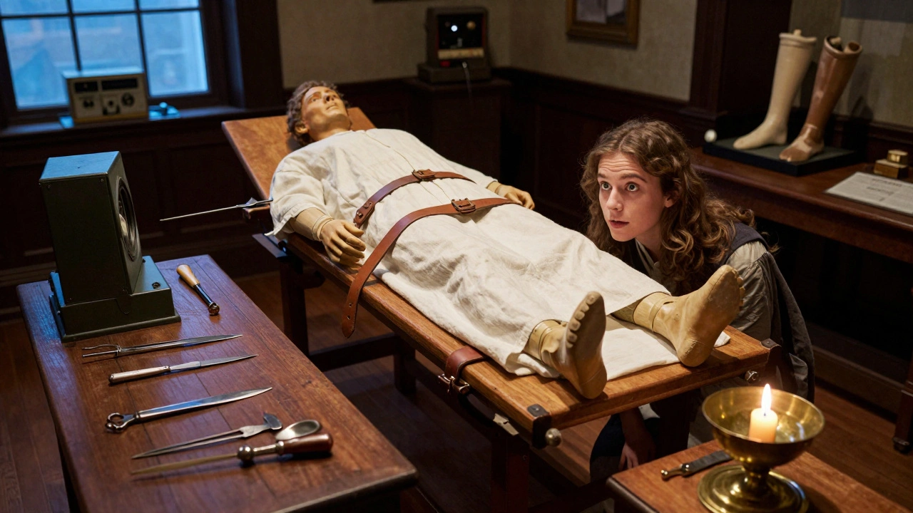 A visitor examining antique surgical tools in a dimly lit 1916 mansion exhibit.