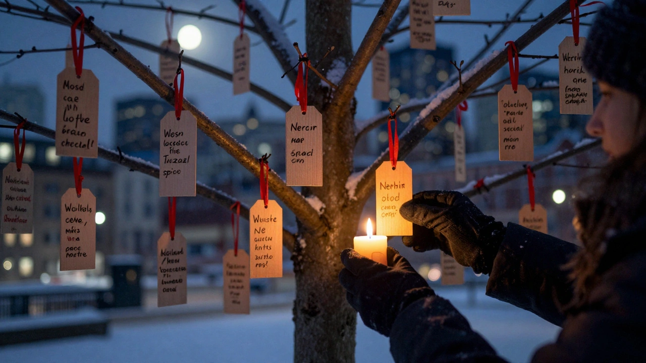 A wish tree at Christkindlmarket with wooden tags and a flickering candle, symbolizing hope and tradition.
