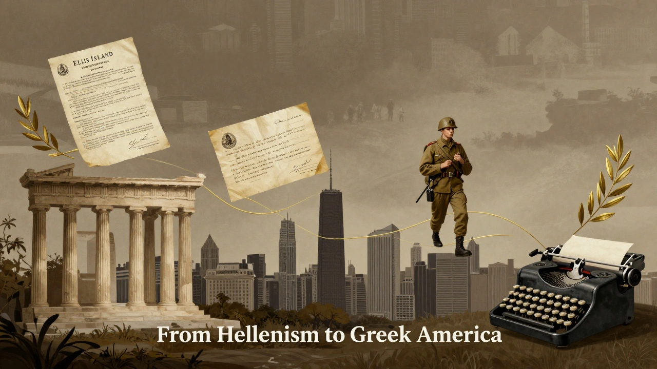 An artistic timeline showing ancient Greece to modern Greek Americans, connected by golden threads and historic artifacts.