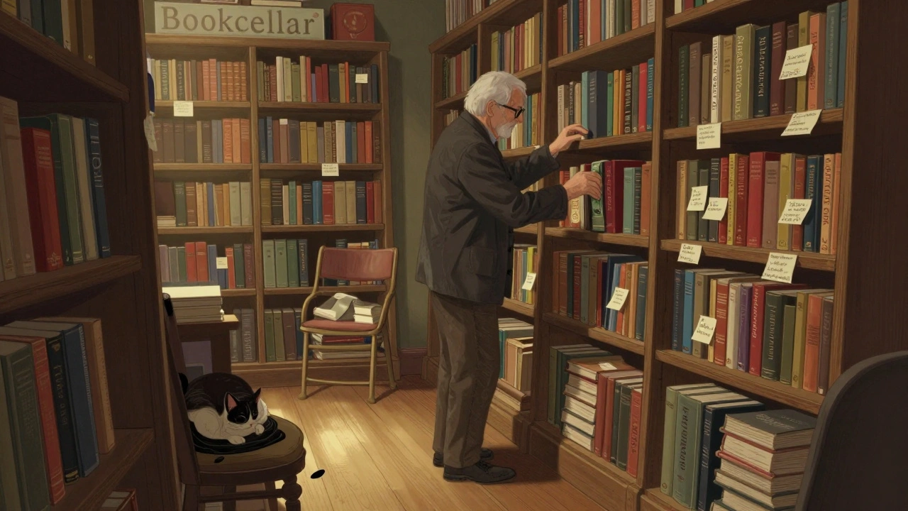 An intimate used bookstore with shelves of old books, a librarian handing a rare first edition to a customer.