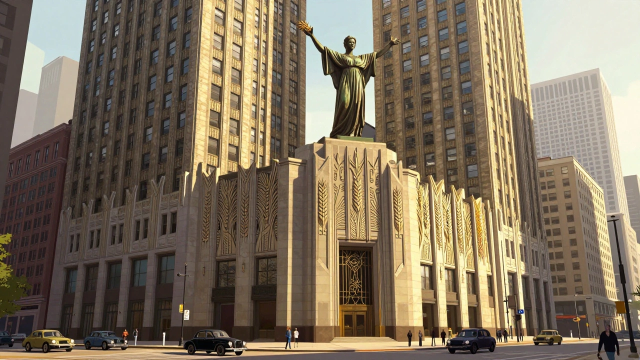 Art Deco skyscraper with Ceres statue atop, adorned with agricultural motifs and stepped silhouette under golden sunlight.