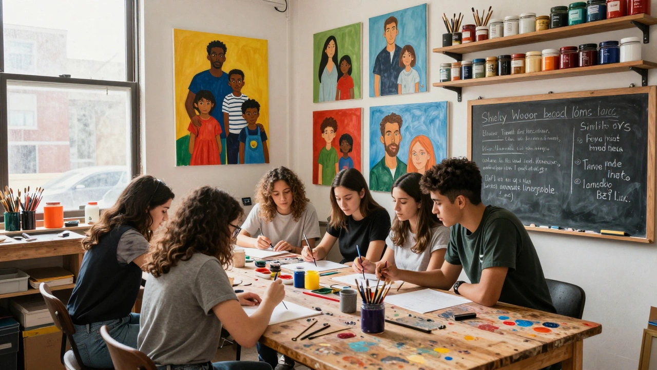 Artist Shirley Woodson teaching young students in her Englewood studio filled with vibrant acrylic paintings and art supplies.
