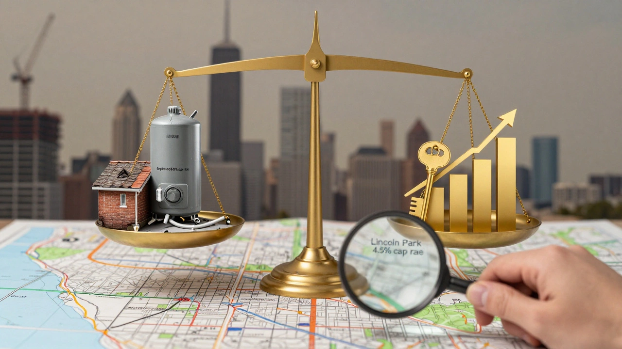 Balanced scale comparing high-risk Englewood property vs. stable Lincoln Park investment