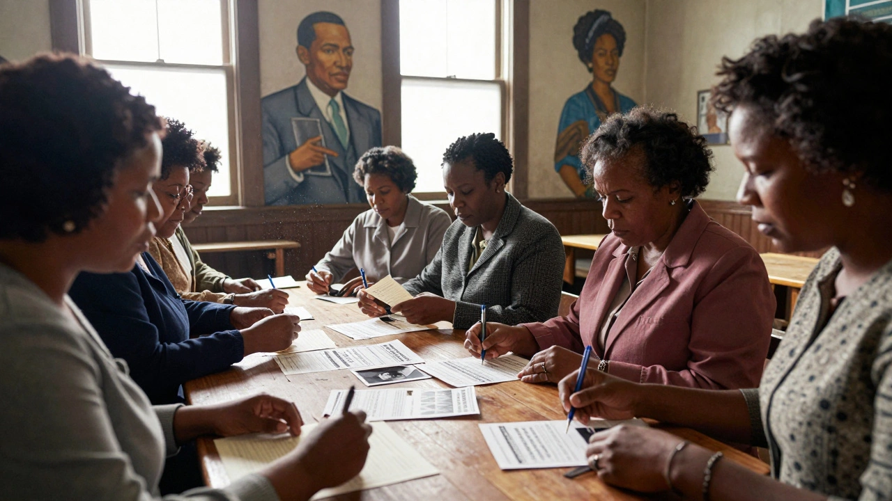 Black women organizing voter registration in a South Side church basement during the 1940s, surrounded by community murals and flyers.