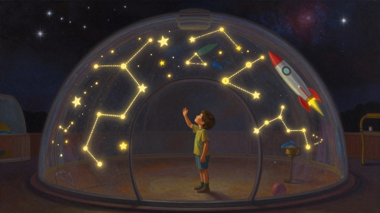 Child in a glowing star dome at Adler Planetarium surrounded by floating crayon rockets.