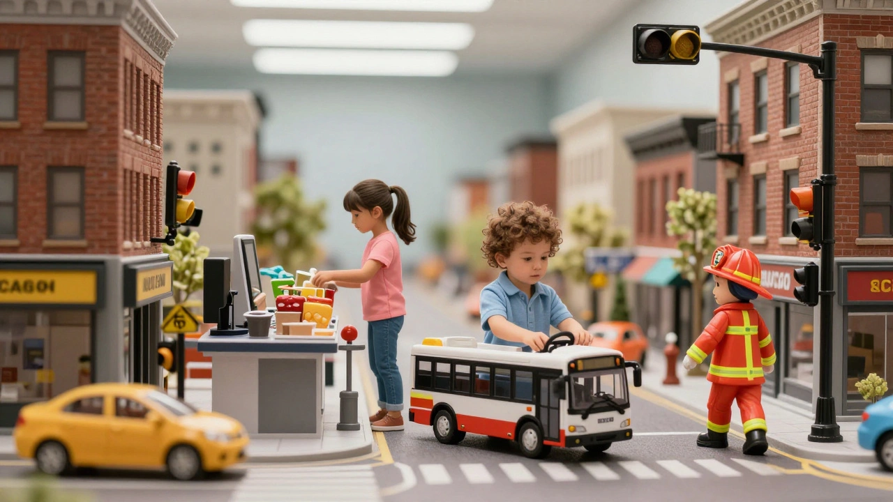 Children role-playing as bus driver, shopkeeper, and firefighter in a miniature city.