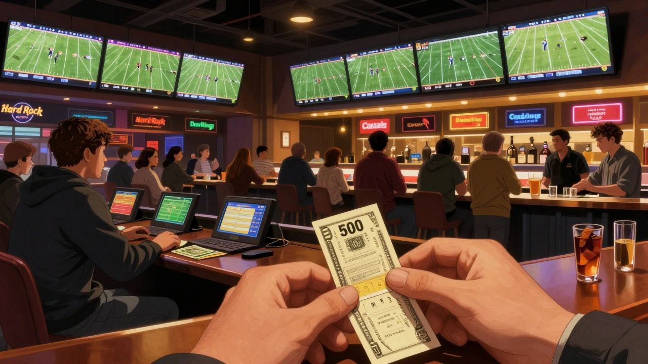 Crowded retail sportsbook at Hard Rock Casino Chicago with fans watching an NFL game on multiple screens.