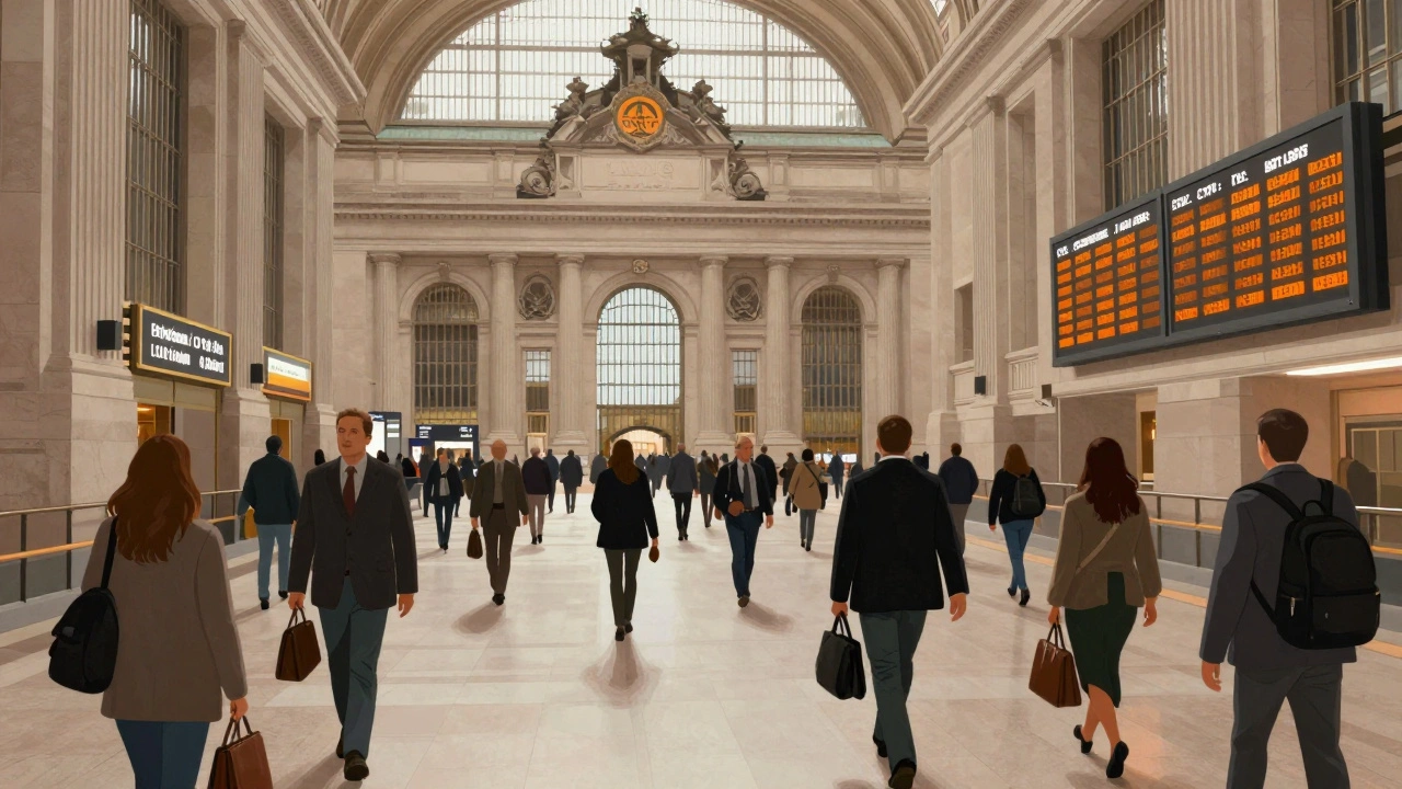 Crowded Union Station concourse where Metra passengers transfer to CTA 'L' trains under bright skylights.