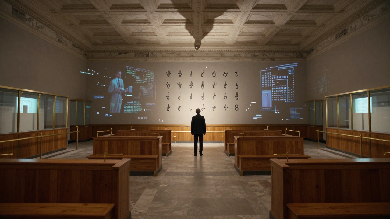 Empty trading pit as museum exhibit, with holographic traders and hand signal displays under soft spotlight.