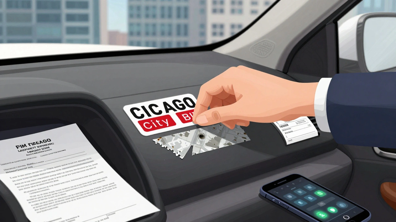 Hand placing a new Chicago city sticker on a windshield while old sticker and proof documents are visible.