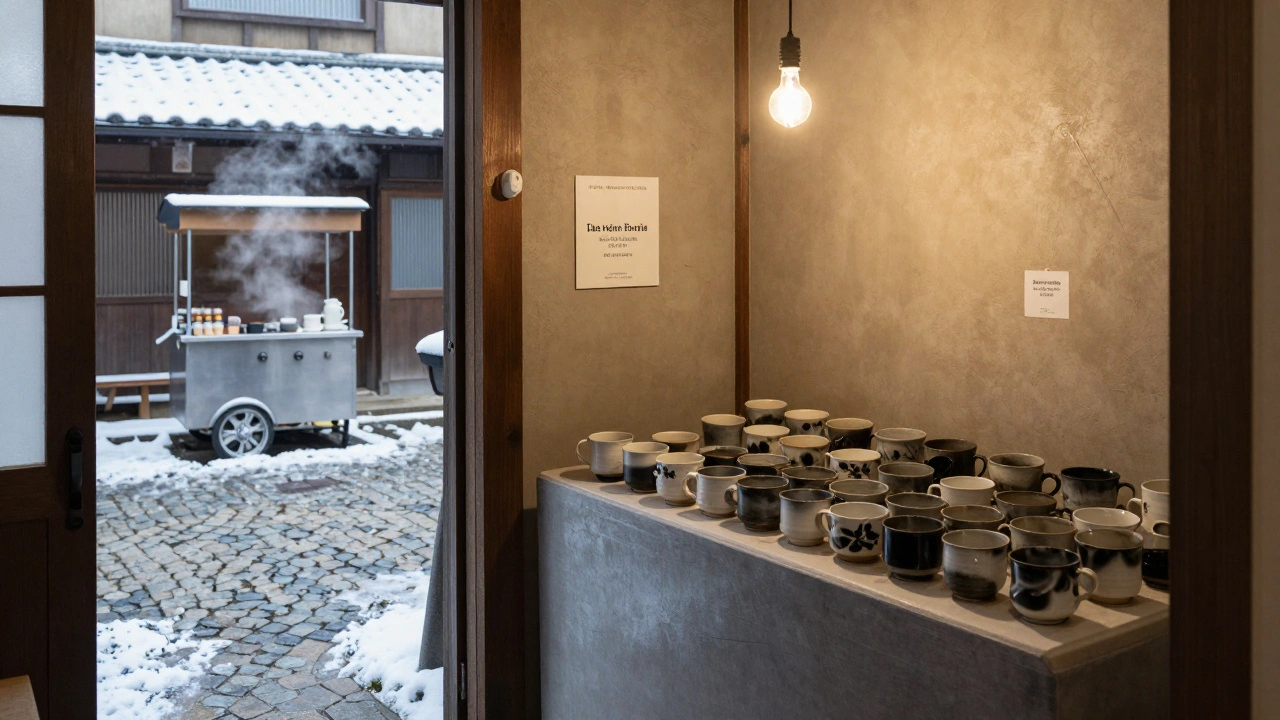 Hand-thrown Japanese mugs in a former cooler, lit by a single bulb, as snow falls outside the open door.