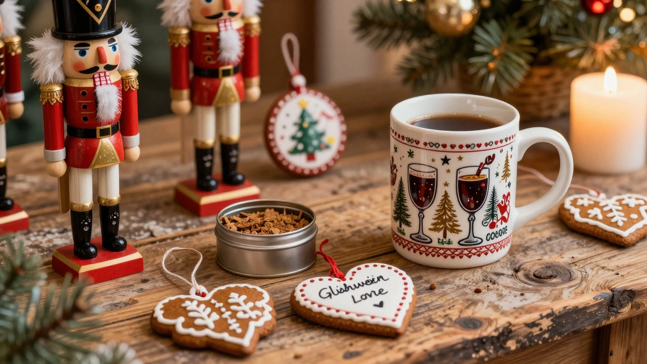 Handcrafted German holiday items including nutcrackers, ornaments, and a collectible Glühwein mug on wooden table.