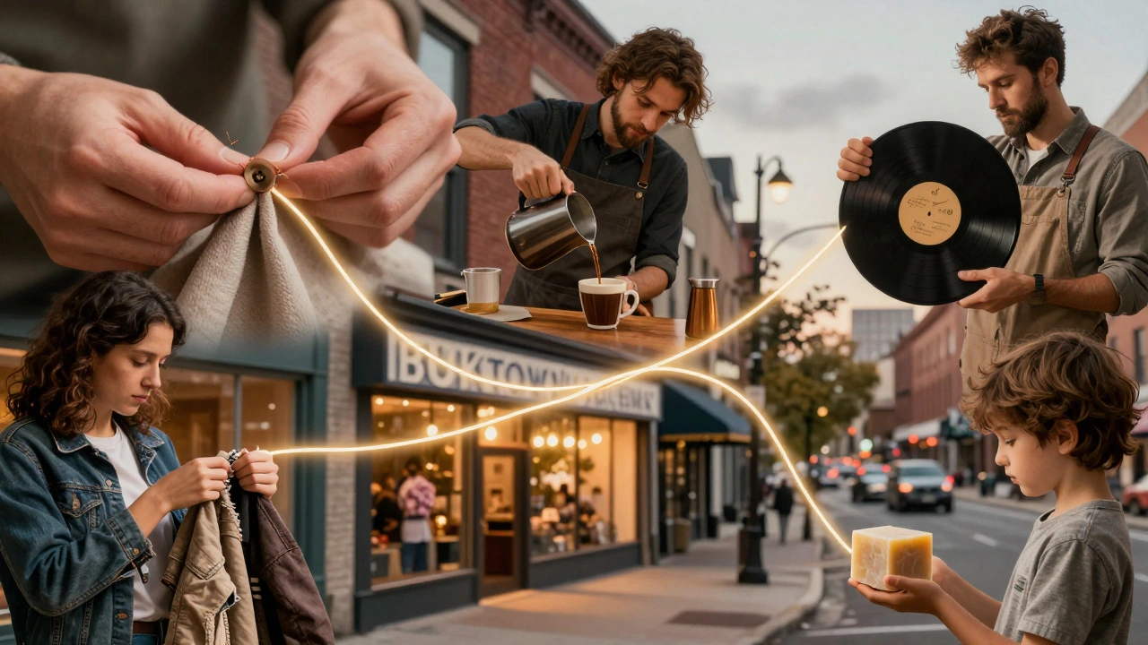 Hands of local artisans working together—sewing, pouring coffee, mending clothes—connected by a glowing thread through storefronts.