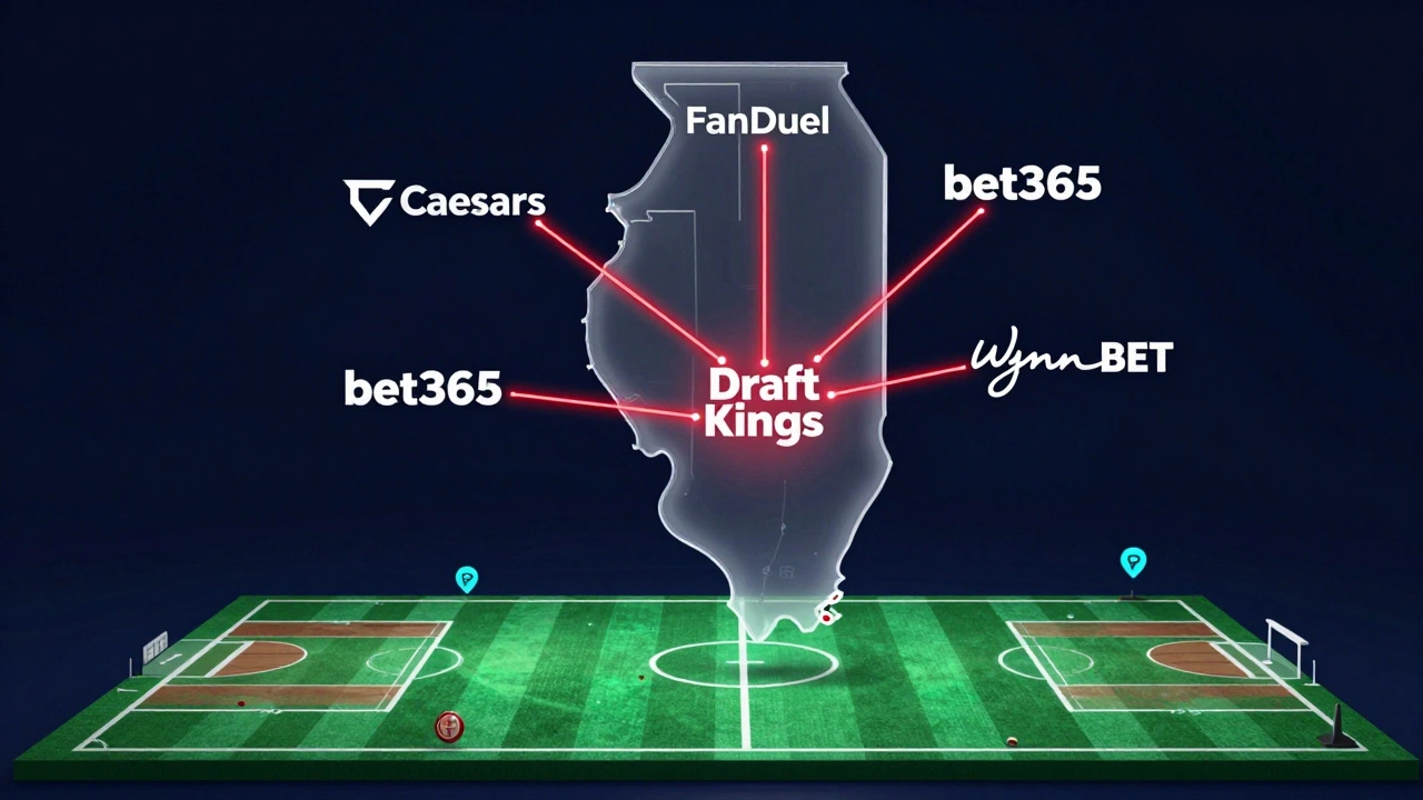 Illinois map with top five sportsbook logos connected by glowing lines over sports fields.