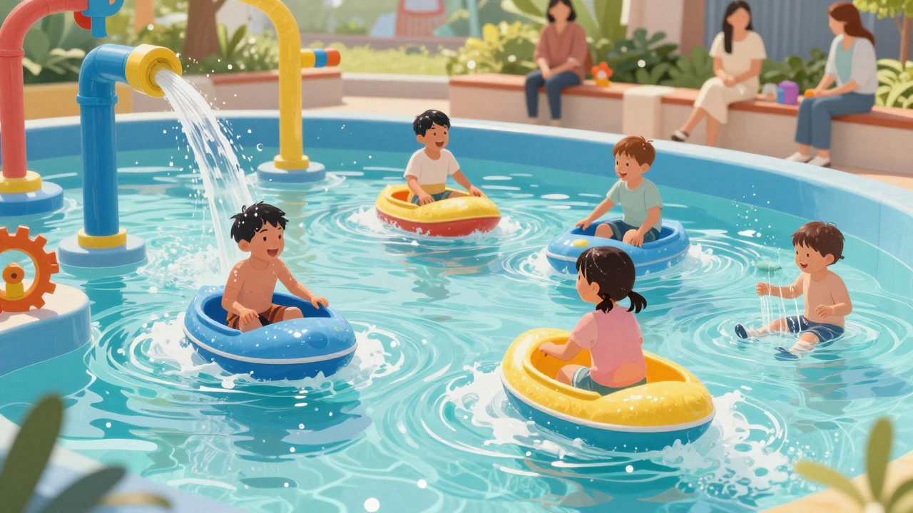 Kids playing with water pumps and floating boats in the Waterway exhibit.