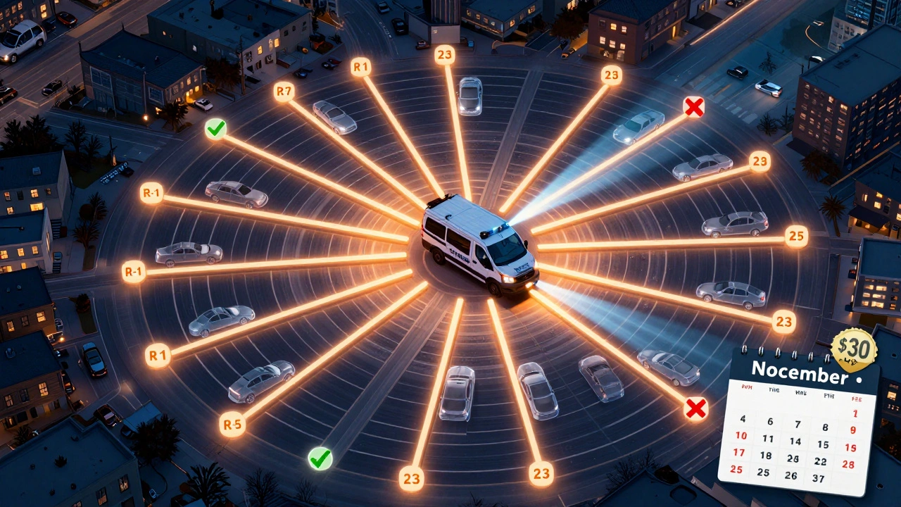 Map of Chicago residential parking zones with compliant and non-compliant vehicles marked by color codes.