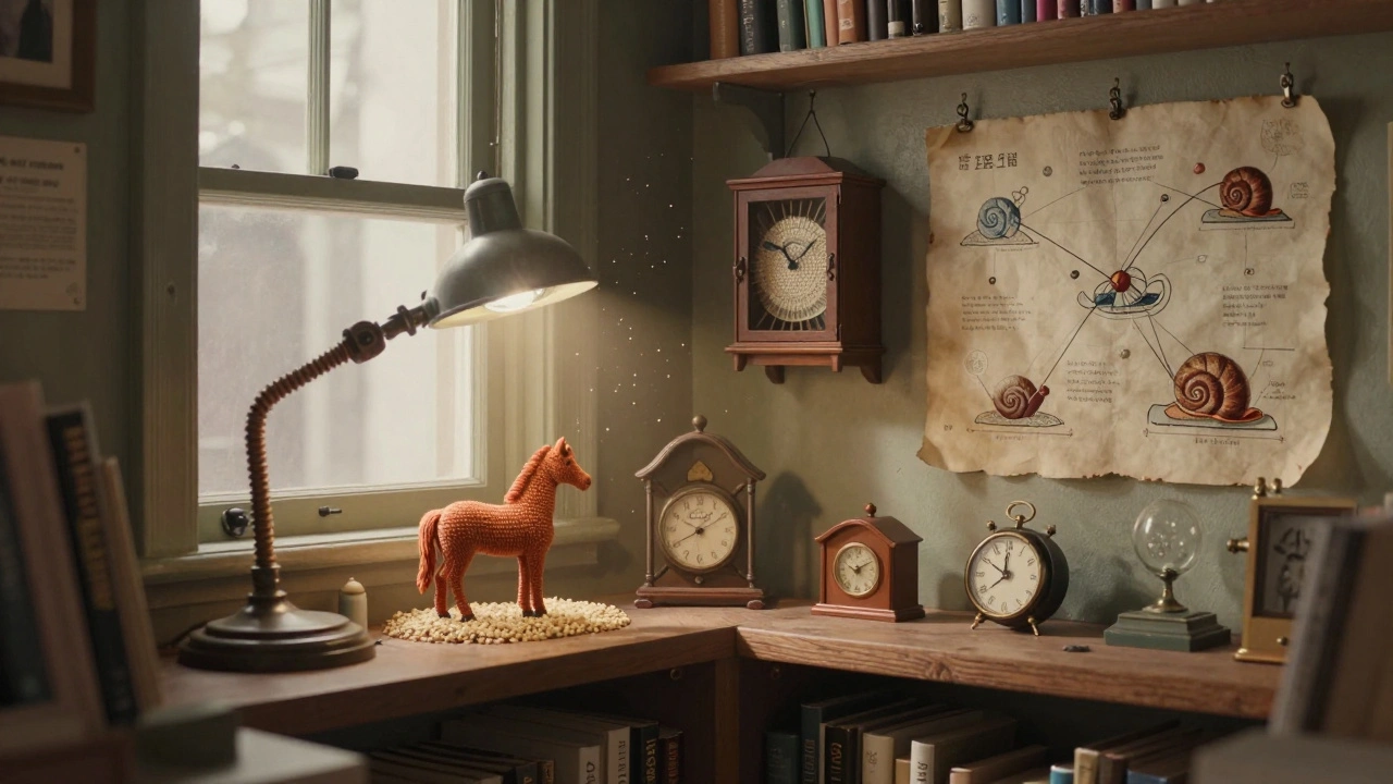 Micro-sculptures viewed through a magnifying lens in a hidden bookshop museum room.