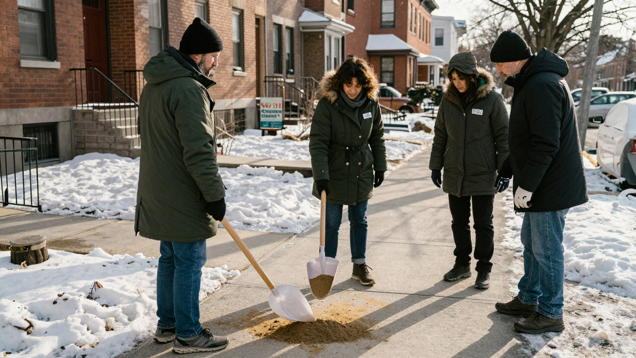 Neighbors working together to spread sand and beet-blend de-icer on a residential sidewalk in winter.
