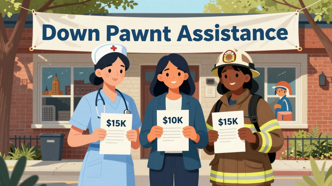 Nurse, teacher, and firefighter holding down payment assistance documents outside a housing office.