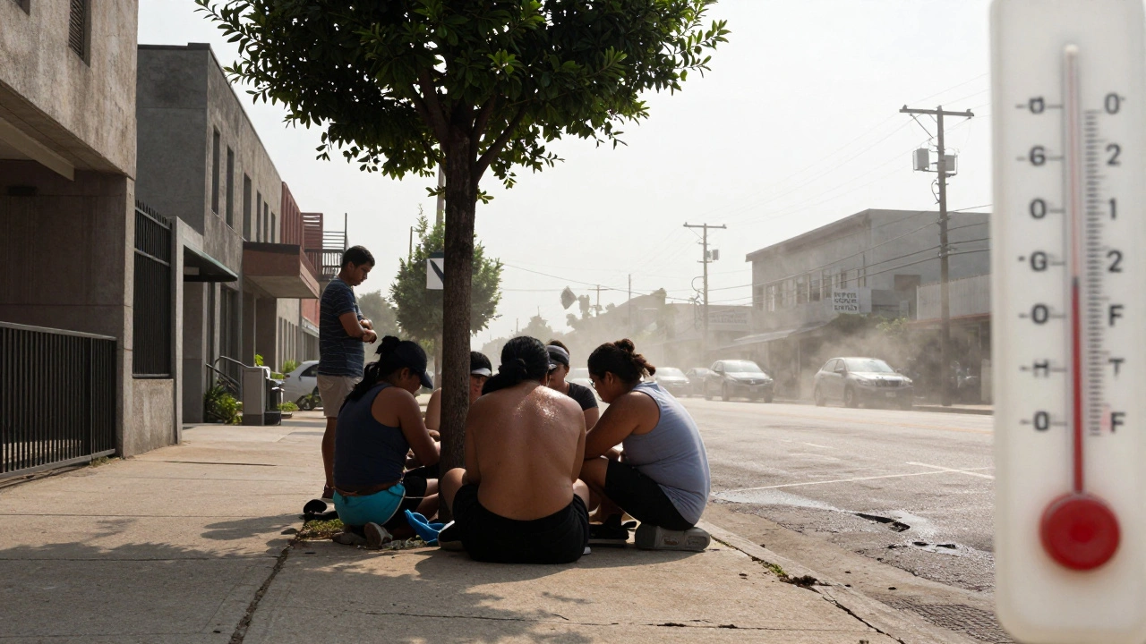 Residents seeking shade under a tree during a record heatwave in Chicago's Englewood neighborhood, with heat haze rising from buildings.