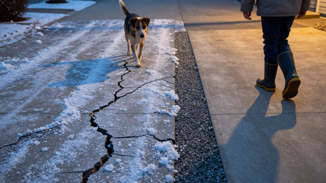 Split image: left shows salt-damaged concrete and a limping dog; right shows safe, treated walkway with a child walking.
