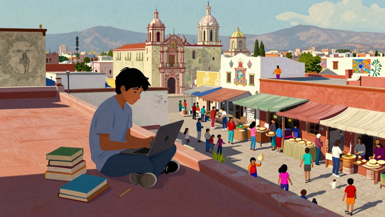 Student studying on a rooftop in Oaxaca, Mexico, with vibrant local market below.