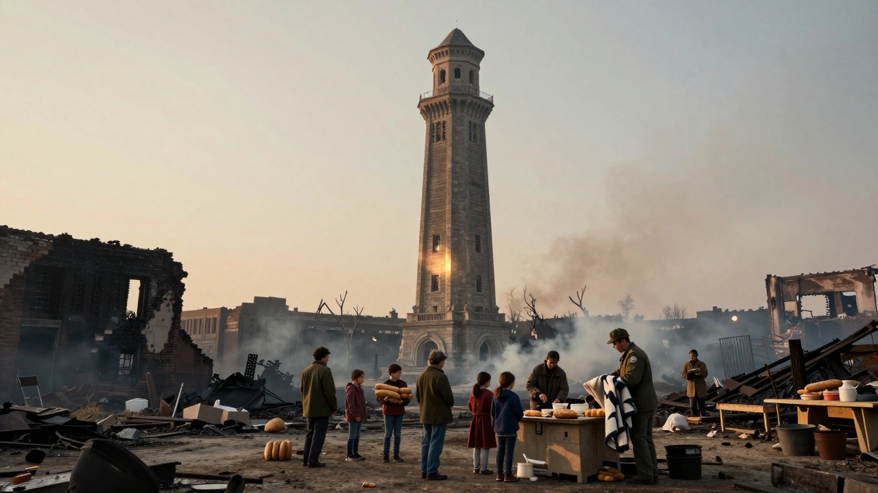 The Chicago Water Tower stands intact amid ruins, survivors gathering near a soup kitchen at dawn after the fire.
