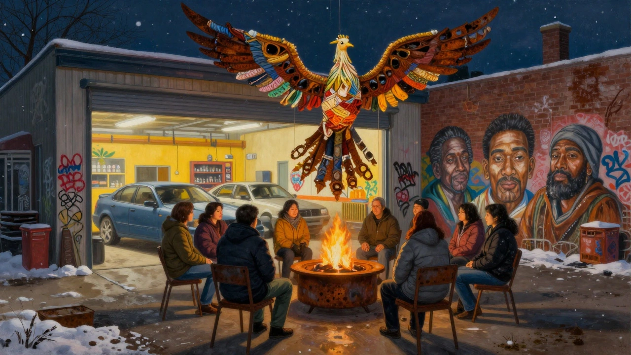 The Hearth art space at night, with people sharing stories around a firepit under a sculpted phoenix made of reclaimed materials.