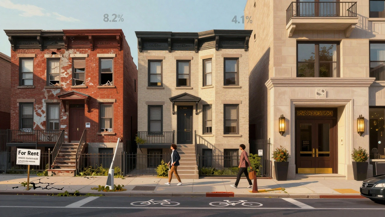 Three Chicago neighborhoods side by side: Englewood, West Ridge, and Gold Coast with cap rates