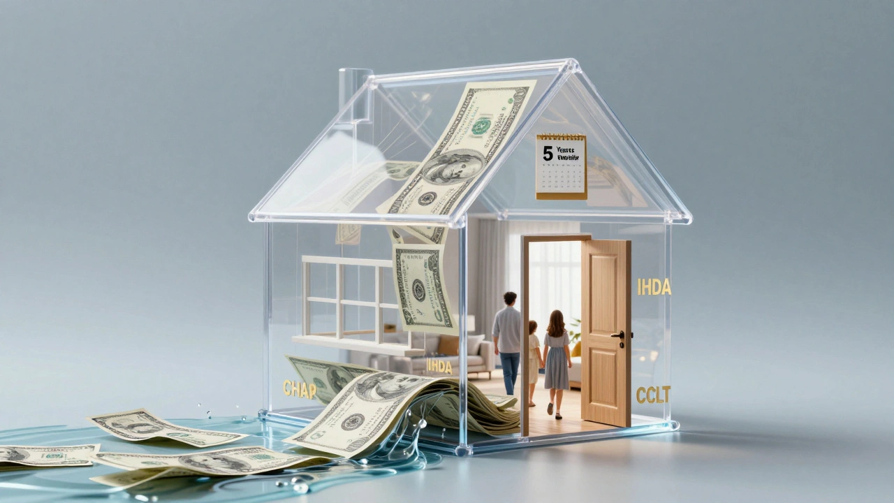 Transparent house with grant funds flowing into its foundation, family walking inside toward a bright future.