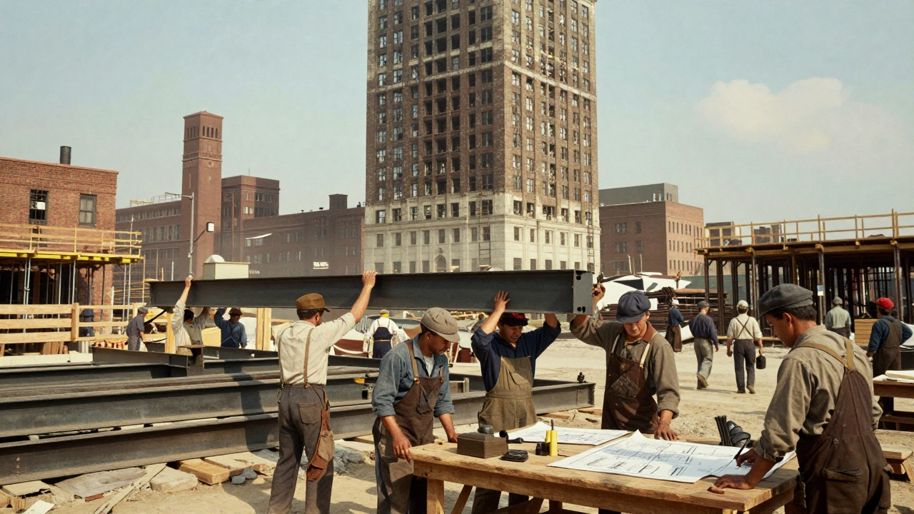 Workers construct the early steel-frame skyscraper in Chicago, brick buildings rising from the ashes of the fire.