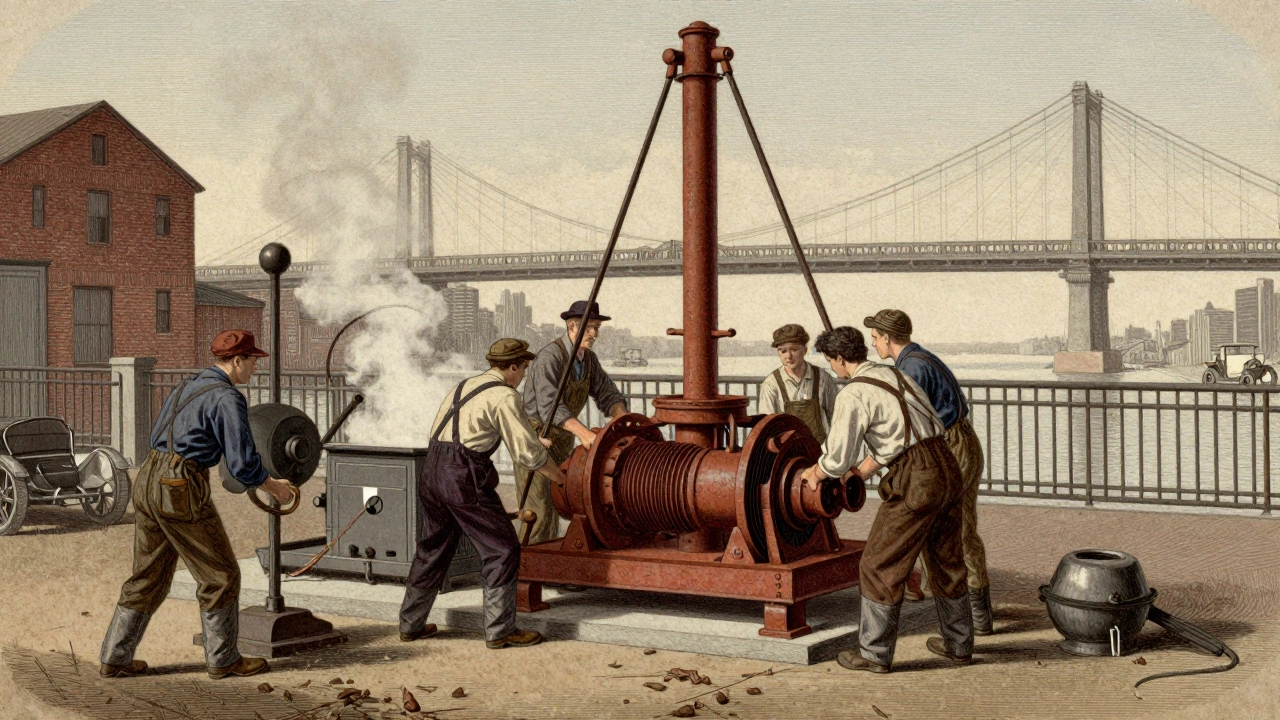 Workers testing a 1920s bascule bridge counterweight system before electric motors.