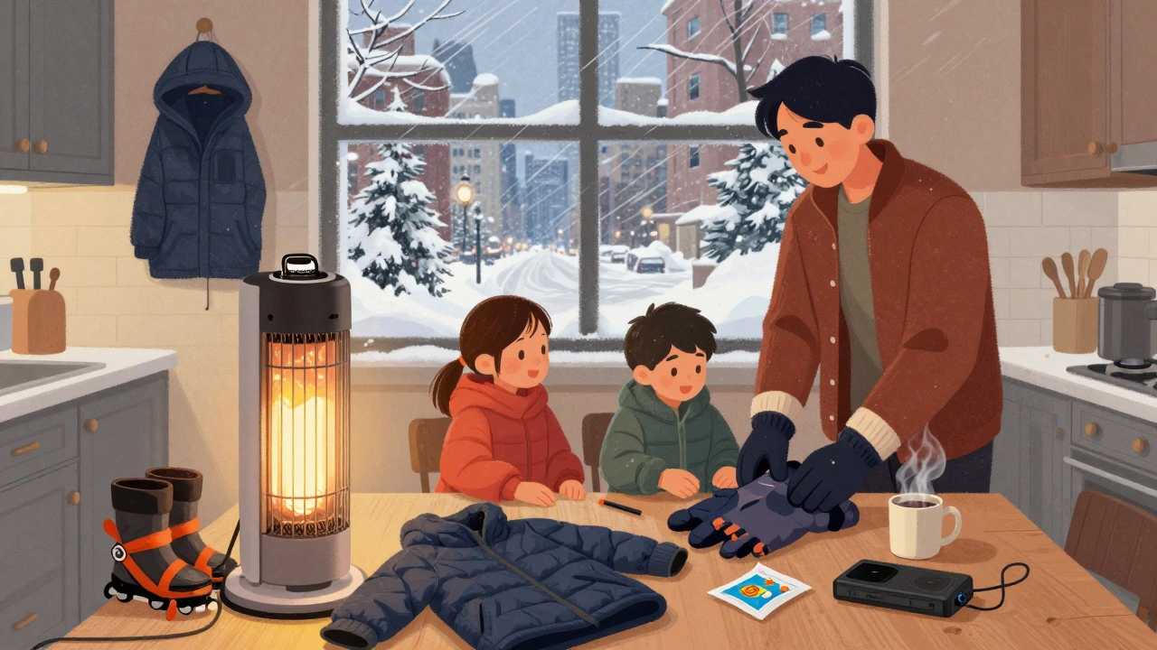 A Chicago family laying out winter gear on a kitchen table, with warm indoor light contrasting the snowy, frozen city outside the window.