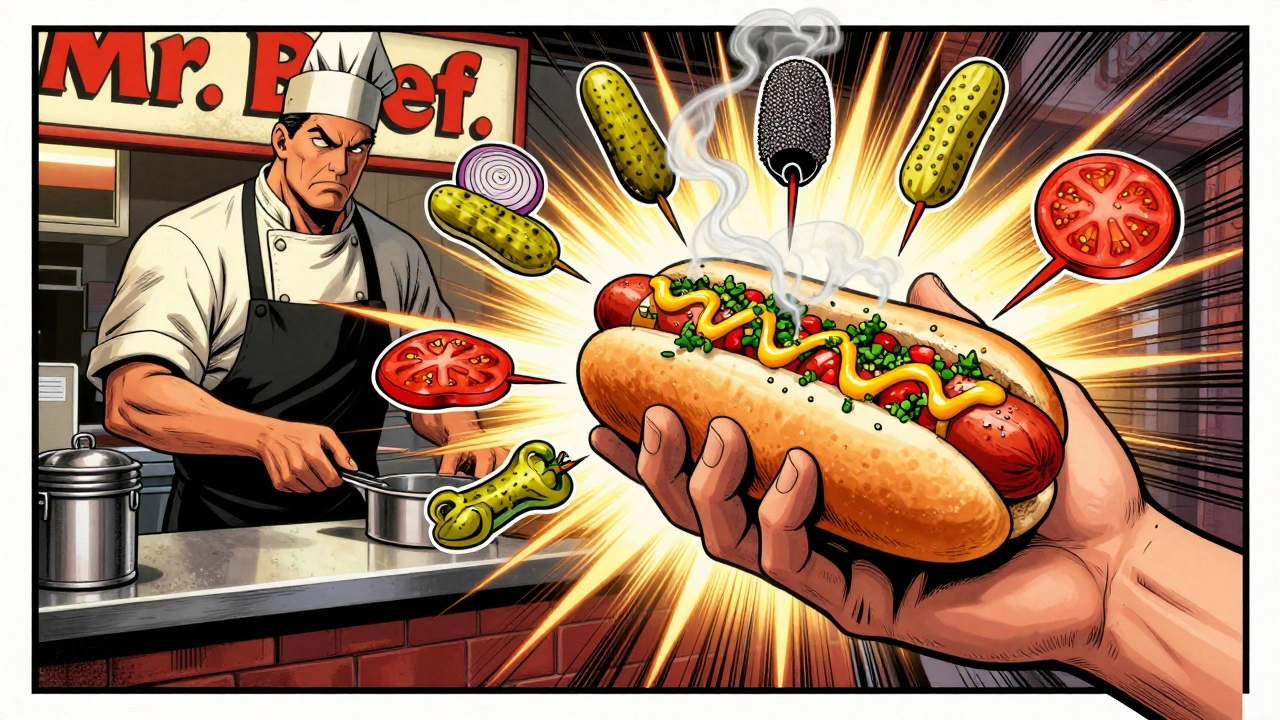 A comic book-style scene of a Chicago hot dog being handed over, with toppings depicted as vibrant, dynamic forces surrounding the bun.