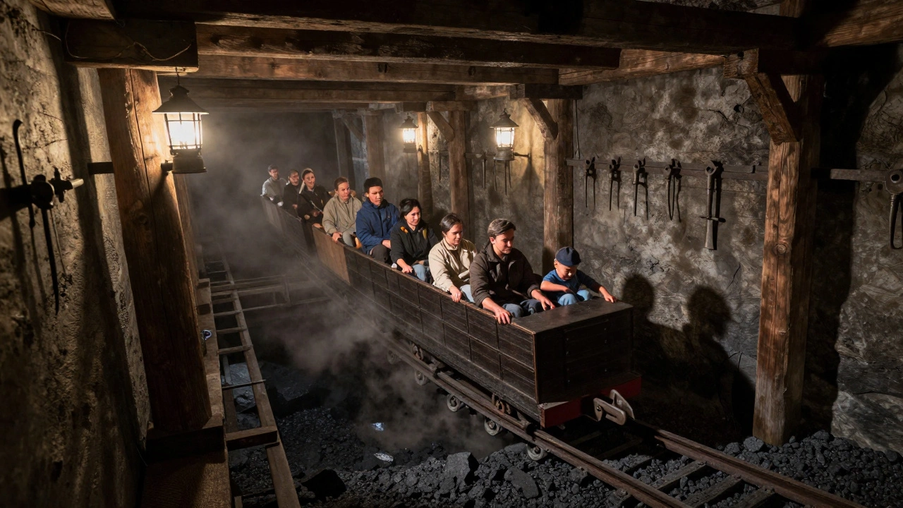 A family riding a mine cart deep inside a realistic 19th-century coal mine exhibit.