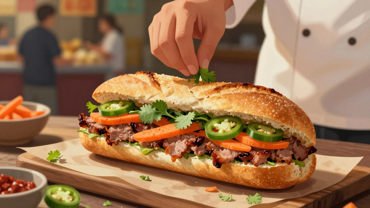 A freshly made banh mi sandwich with grilled pork, pickled vegetables, and cilantro on crusty bread.