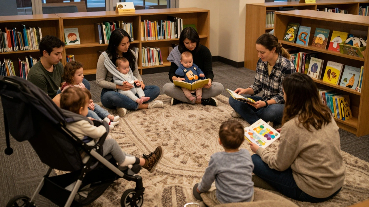 A librarian reads softly to babies and parents during a calm storytime session at a Chicago library.