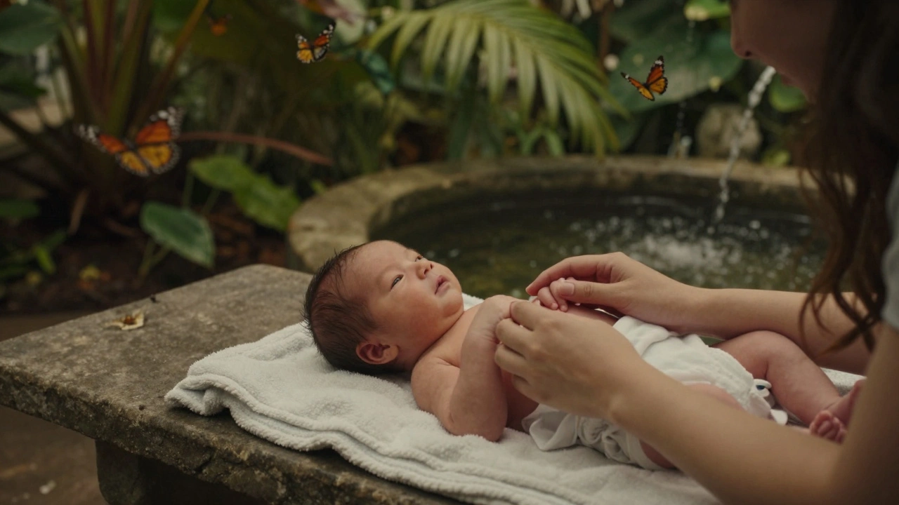 A newborn rests peacefully beside a fountain in the warm, plant-filled Lincoln Park Conservatory.