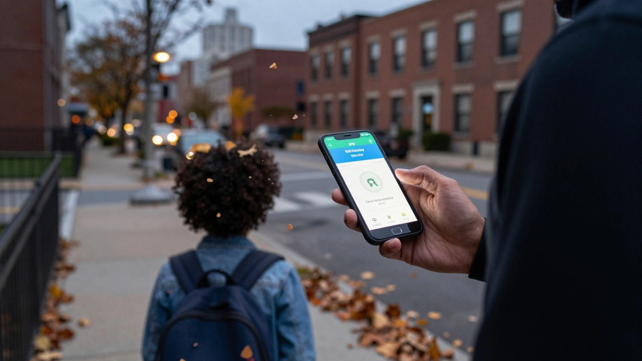 A parent checks the CPS Safety App on their phone while walking their child to school at dusk.
