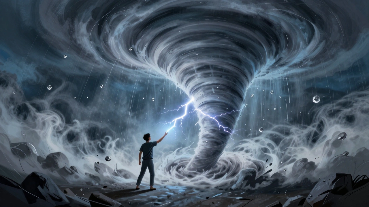 A person generating lightning and standing inside a powerful tornado at the Science Storms exhibit.