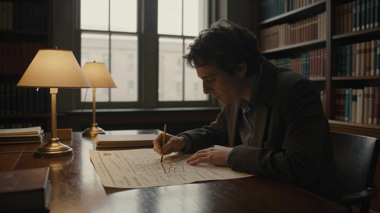 A researcher examines a fragile 1833 map of Chicago under soft light in a historic library reading room.