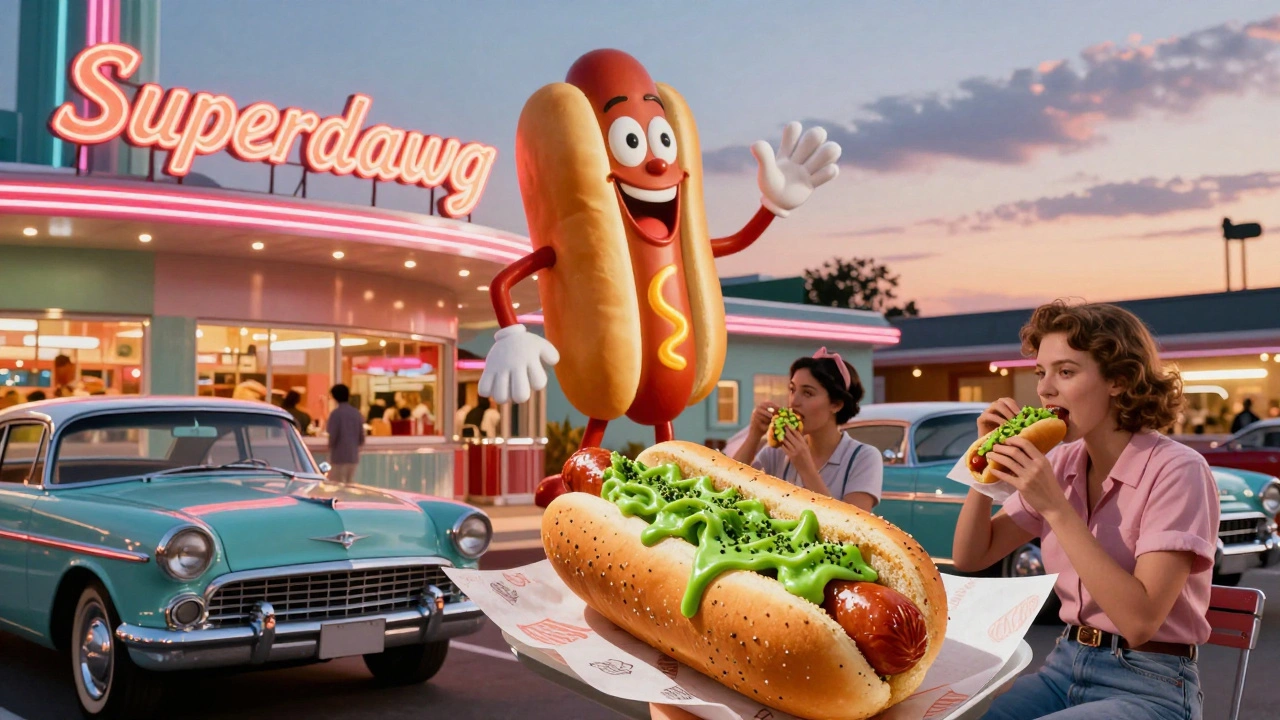 A retro drive-in diner with a giant neon hot dog mascot, customers eating Chicago-style hot dogs in their cars under twilight lights.
