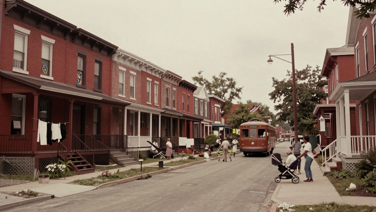 A row of Chicago bungalows on a tree-lined street in the 1920s, with residents on porches and a streetcar in distance.