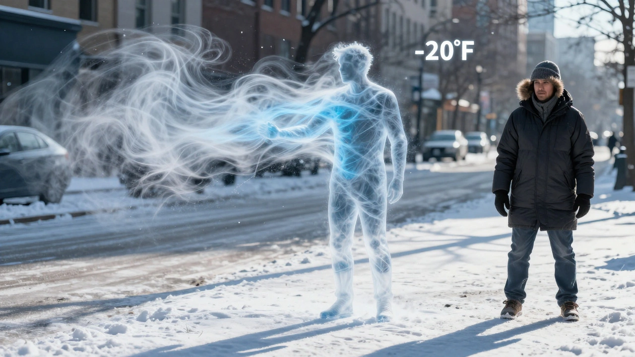 A symbolic image showing wind chill as icy tendrils draining heat from an unprotected figure, while a properly dressed person walks safely nearby.