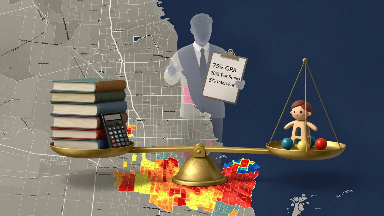 A symbolic scale balancing academic materials against a child's toy, with a heat map of Chicago neighborhoods beneath, representing inequality in school admissions.