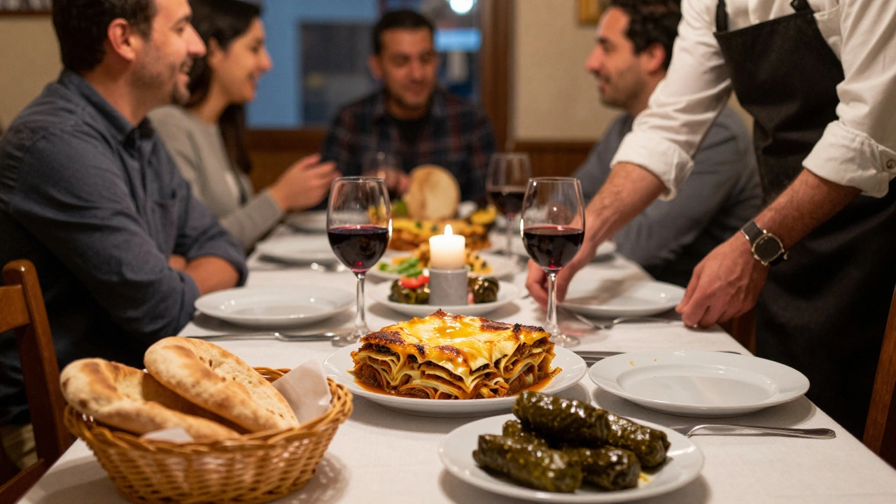 A table spread with traditional Greek dishes like moussaka and dolmades in a taverna.